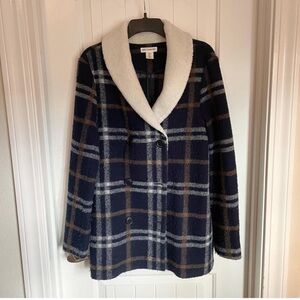 Universal Thread Navy Plaid Pea Coat with Cream Collar